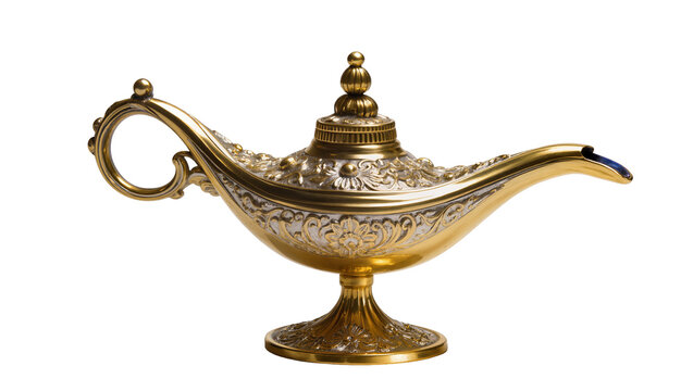 Ornate golden and silver genie lamp with intricate carvings, isolated on transparent background for magical concepts