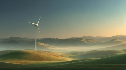 Obraz premium Wind turbine generating power on green hills under a serene early morning sky