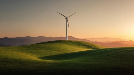 Fototapeta premium Wind turbine generating power on green hills under sunset sky