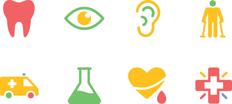 Colorful Flat Medical and Healthcare Icon Set Featuring Tooth, Eye, Ear, Ambulance, Heart, and Flask Grap