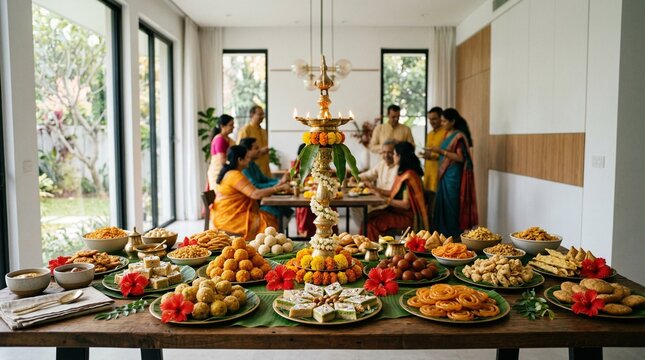 Authentic Sinhala and Tamil New Year Avurudu Kema Mesaya with Kiribath, Kavum, Kokis and oil lamp in modern home