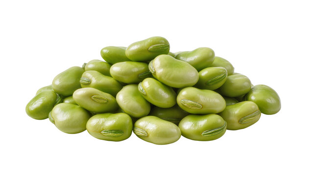 Vibrant green fresh fava beans piled in a small mound, isolated on transparent background for healthy food concepts
