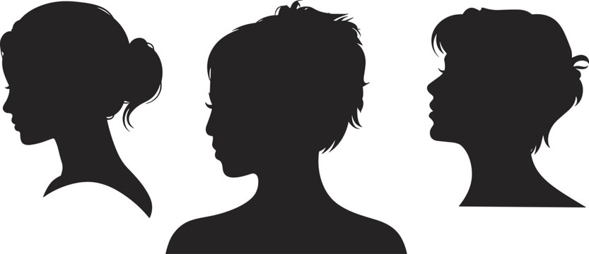 Silhouette collection of beautiful young women profiles with diverse elegant hairstyles including buns and short pixie cuts for fashion beauty and social media.