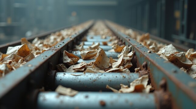Close up of a rusty industrial conveyor belt covered in wood shavings.