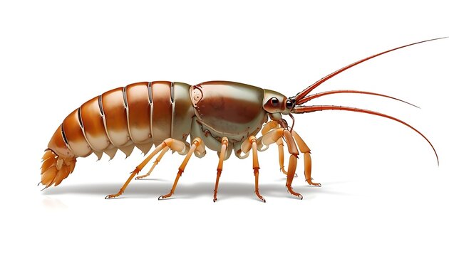 A fascinating long-bodied deep-sea crustacean or giant isopod, resembling a shrimp, with many legs and antennae, isolated on white.