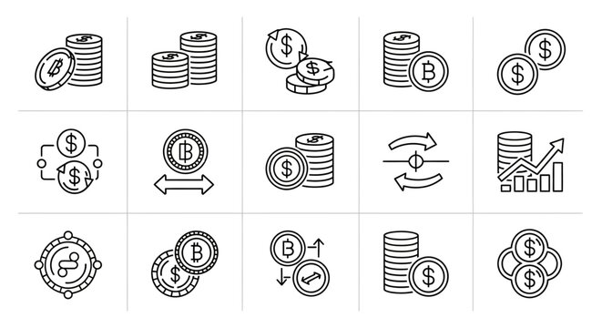 Collection of Bitcoin currency icons.