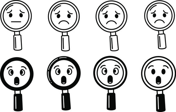 Magnifying glass cartoon faces with various emotions