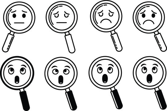 Magnifying glass faces illustrations