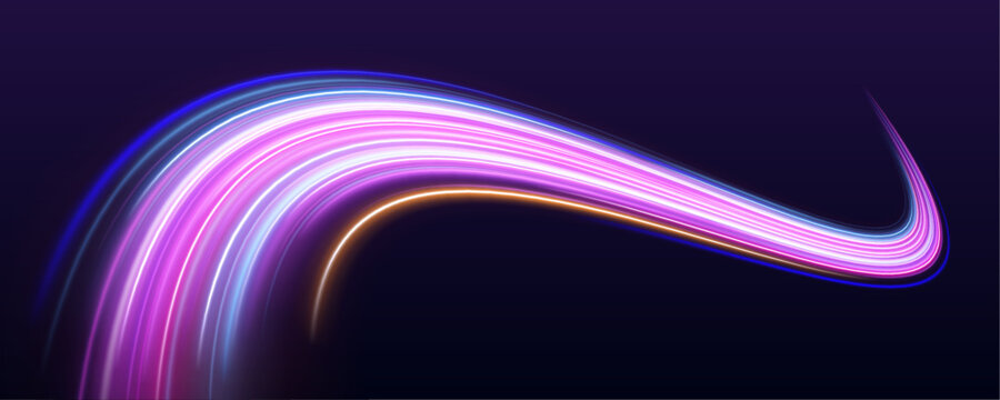 Bright multicolor streaks move across highway at speed. Motion blur forms energetic futuristic light flow. Vector illustration.