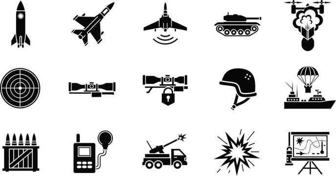 Military icons set a comprehensive collection of warfare and defense related black silhouette illustrations