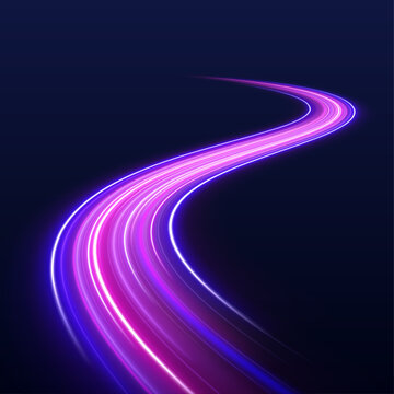 Glowing purple and blue lines rush over city road. Light trails simulate speed and acceleration motion. Futuristic design artwork.