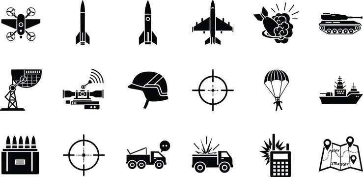 Military icons set a collection of warfare and defense related black silhouette illustrations