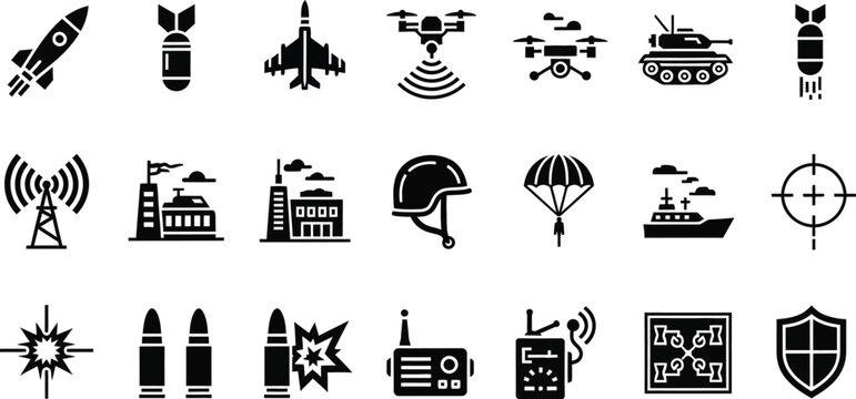 Military icons set a comprehensive collection of warfare and defense related symbols