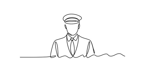 A minimalist single line drawing of an airline pilot wearing a formal uniform and peaked cap hat Vector, illustration © Badhon_Art Gallery