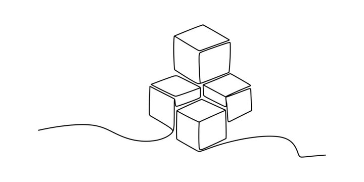 A single continuous line drawing of four cubes arranged in a geometric block formation together. Vector, illustration