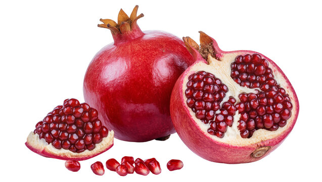 Whole pomegranate cut fruit and arils, isolated on transparent background