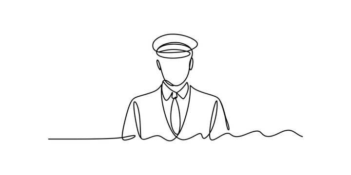A minimalist single line drawing of an airline pilot wearing a formal uniform and peaked cap hat Vector, illustration