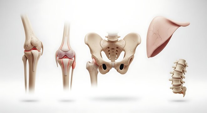 Collection of human skeletal parts including knees, pelvis, and spine, isolated on white background, medical education visuals, human skeleton, knee joint, pelvis bone, spine vertebrae, skeletal syste