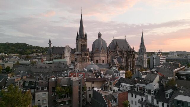 Aerial Drone Footage of Aachen Landmarks Cathedral and Town Hall