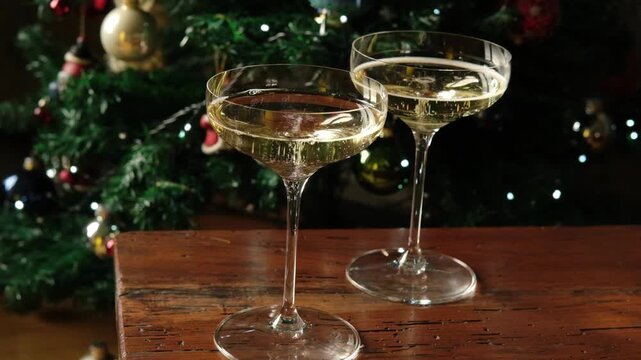 bubbles of prosecco champagne or sparkling white wine in elegant glasses against the background of a decorated Christmas tree and festive lights