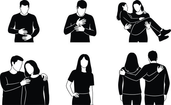 Silhouette illustrations of couples in various romantic poses