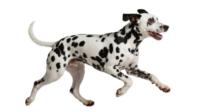 Running black-spotted Dalmatian mouth open, isolated on transparent background