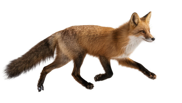 Agile wild red fox with bushy tail and black paws running forward, isolated on transparent background