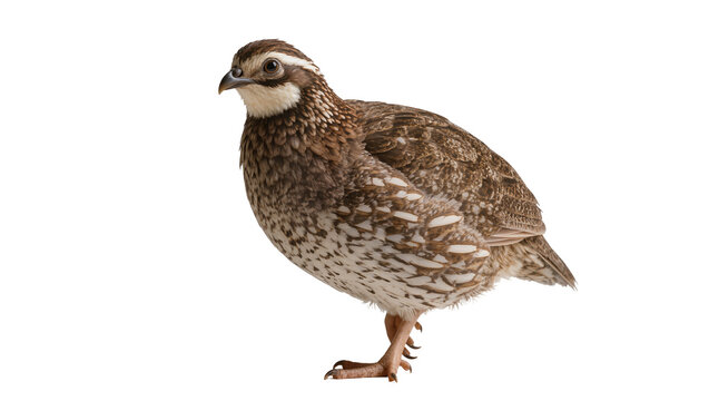 Brown and white speckled Northern Bobwhite Quail standing, isolated on transparent background for wildlife projects