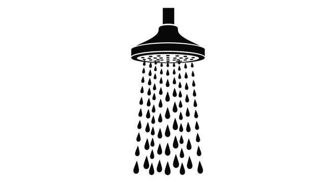 A black showerhead emitting droplets of water depicted as a stark contrasting silhouette high quality professional detailed modern elegant stylish clean