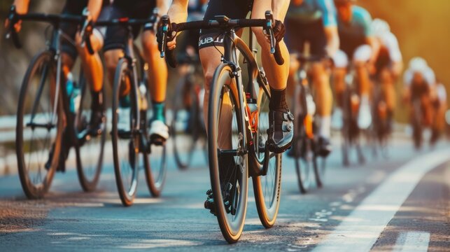 Close-up of a group of cyclists riding on an outdoor bike path