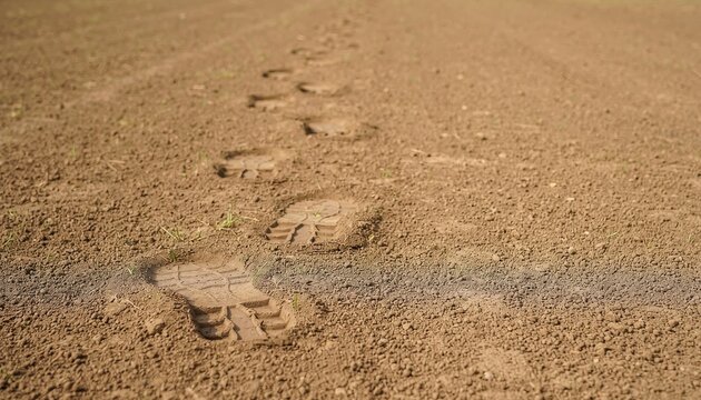 Footprints tracking pathway on brown earth ground