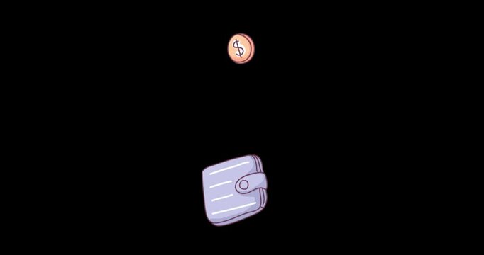 Dollar Coins Falling Into Wallet, Financial, Money, Saving, Investing, Tips, Cash, Bonus, Salary Concept. Cartoon Style Animation on Isolated Black Background
