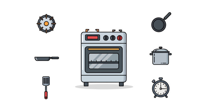 Oven with kitchen utensils and tools.