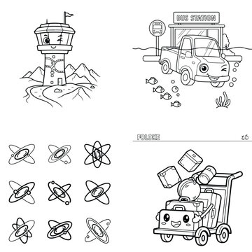 Creative coloring pages: cute vehicles, towers, and atomic designs for kids, tow truck, control towe
