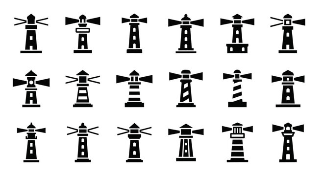 Lighthouse icons, black silhouette windmill symbols, nautical navigation signs, vector graphics