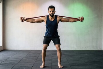 Naklejka premium Indian Man Resistance Band Workout – Strength Training Fitness Concept