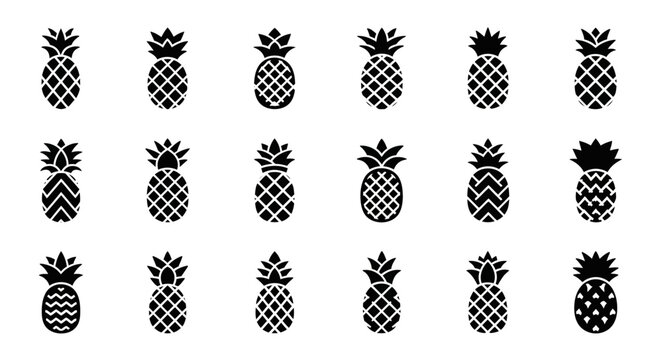 Pineapple icons, black and white vector graphics, 20 tropical fruit symbols, illustration set