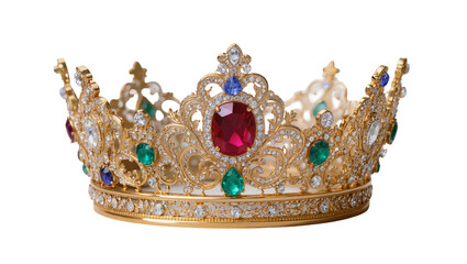 Ornate golden crown with sparkling gems, isolated on transparent background © Alexander