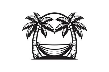 Obraz premium Minimalist Tropical Island Silhouette with Palm Tree and Hammock Icon Illustration
