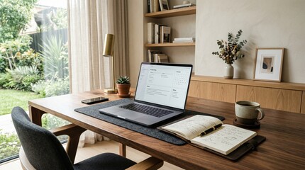 Fototapeta premium A modern office desk setup with a laptop, notebook, coffee cup, and a cozy work atmosphere