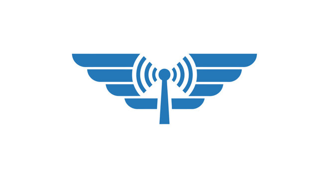 Blue winged WiFi signal logo symbol.