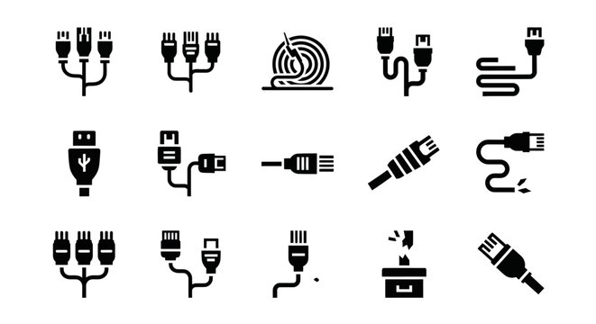 Electric cable icons, USB connector symbols, plug and socket illustrations, black vector set
