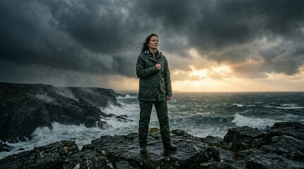 Fototapeta premium A determined woman standing on a rocky coast under a dramatic sky, embodying resilience and strength amidst the elements