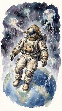 Astronaut floating above Earth with jellyfish in cosmic space