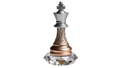 Fototapeta premium Regal silver and bronze chess king piece intricately patterned standing on a faceted clear crystal base, isolated on transparent background