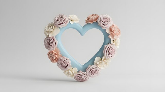 Light blue heart shaped frame decorated with pastel pink and cream roses on a white background