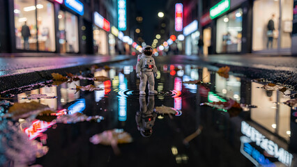 Obraz premium Astronaut figurine standing in rain puddle on city street at night 