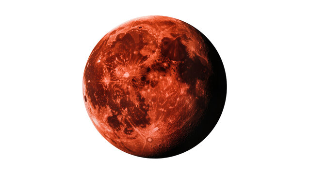 Red cratered planet with dark side, isolated on transparent background