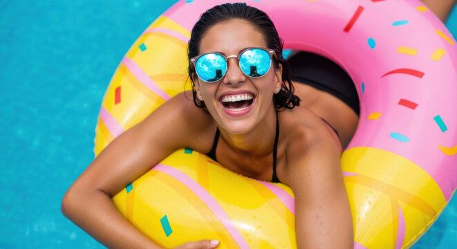 Happy woman with reflective sunglasses smiles broadly, relaxing on a vibrant pink and yellow donut float in a refreshing blue swimming pool. Enjoying a joyful summer day.