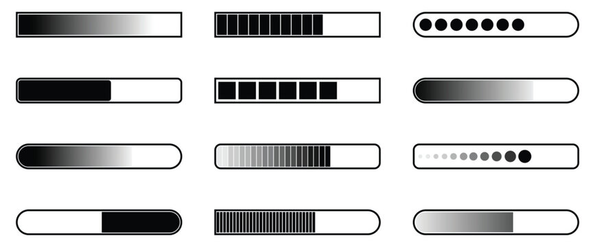  loading bar progress icon set. Progress indicator symbol. Load bar collection. Load bar collection. Vector illustration.